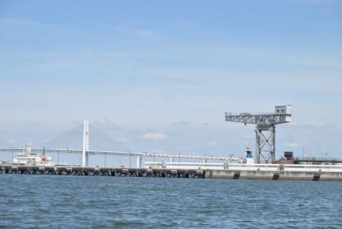 臨港パークから見た横浜の海とハンマーヘッドの写真