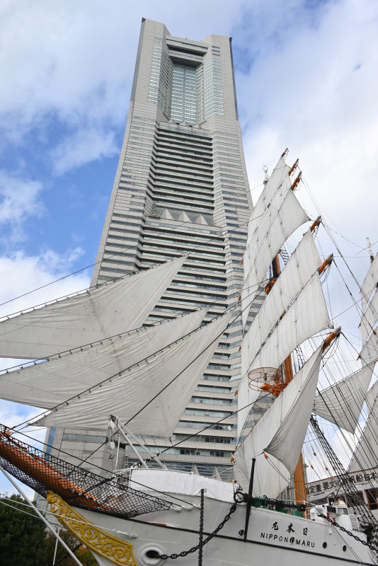 横からの美しく、「太平洋の白鳥」の意味がわかる日本丸。背景にランドマークタワー。
