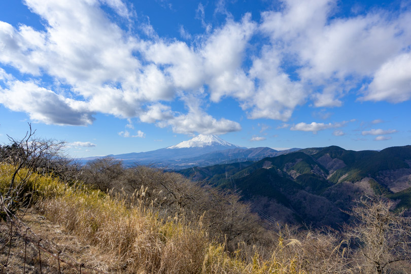 山頂から手前に丹沢の山々と正面に富士山